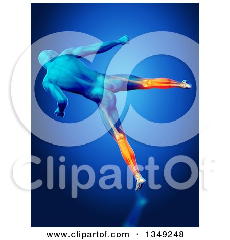Clipart of a 3d Blue Anatomical Man Kicking, with Visible Glowing Calves, on Blue - Royalty Free Illustration by KJ Pargeter