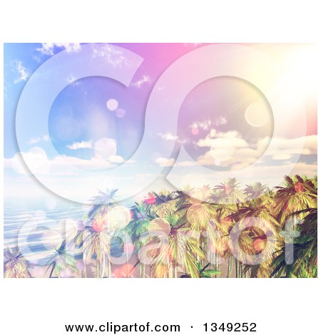 Clipart of a 3d Tropical Island with Vintage Sunset Flares over Palm Trees - Royalty Free Illustration by KJ Pargeter