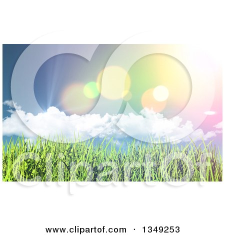 Clipart of a Background of Retro Flares and Clouds over Grass - Royalty Free Illustration by KJ Pargeter