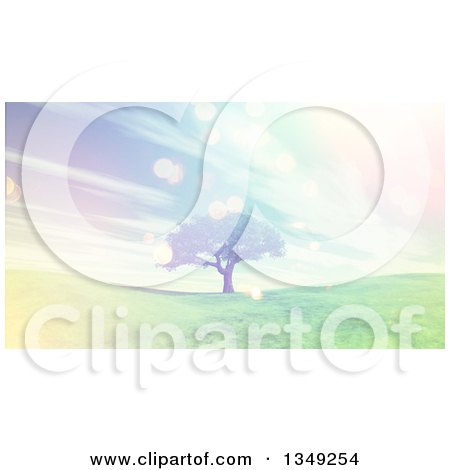 Clipart of a 3d Tree on a Grassy Hill, with Retro Sunshine and Clouds - Royalty Free Illustration by KJ Pargeter