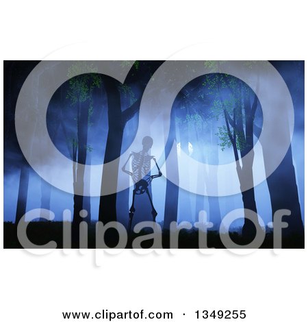 Clipart of a 3d Halloween Skeleton Walking in a Foggy Forest at Night - Royalty Free Illustration by KJ Pargeter