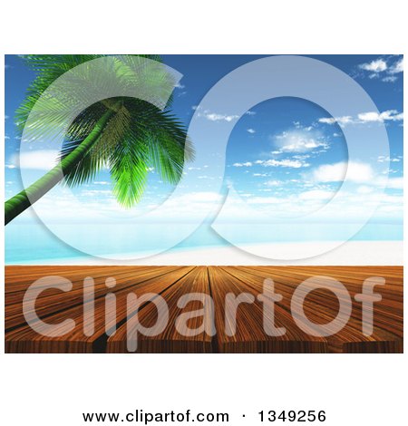 Clipart of a 3d Wood Deck Against a Tropical Beach with a Leaning Palm Tree - Royalty Free Illustration by KJ Pargeter