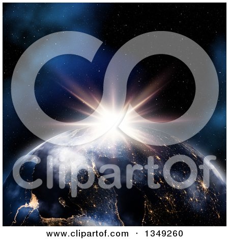 Clipart of a 3d Planet Earth Showing Lights at Night, with a Sunrise - Royalty Free Illustration by KJ Pargeter