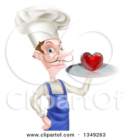 Clipart of a White Male Chef with a Curling Mustache, Holding a Heart on a Tray - Royalty Free Vector Illustration by AtStockIllustration