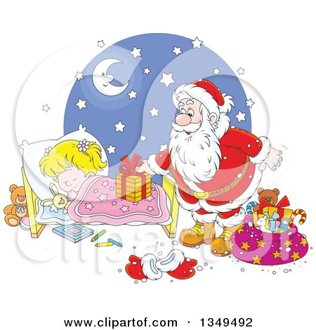 Clipart of a Blond White Girl Sleeping While Santa Sets a Gift on Her Bed - Royalty Free Vector Illustration by Alex Bannykh
