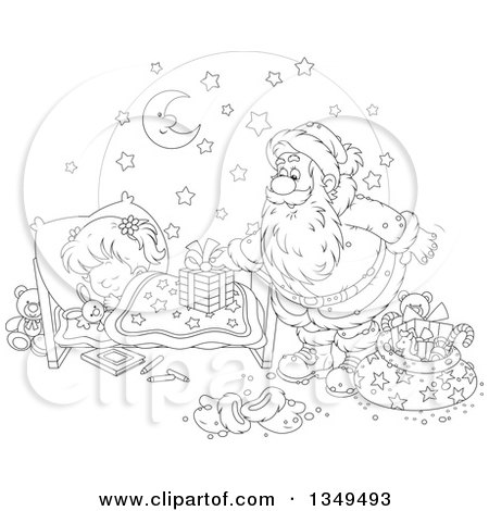 Lineart Clipart of a Black and White Girl Sleeping While Santa Sets a Gift on Her Bed - Royalty Free Outline Vector Illustration by Alex Bannykh