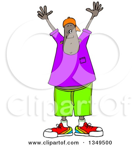 Clipart of a Cartoon Young Black Man Holding His Hands up - Royalty Free Vector Illustration by djart