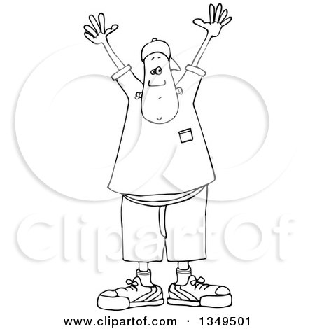 Lineart Clipart of a Cartoon Black and White Young Man Holding His Hands up - Royalty Free Outline Vector Illustration by djart