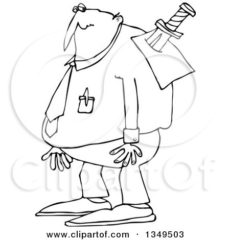Outline Clipart of a Cartoon Black and White Chubby Businessman with a Knife in His Back - Royalty Free Lineart Vector Illustration by djart