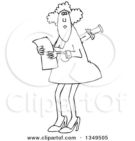 Outline Clipart of a Cartoon Black and White Business Woman with a Knife in Her Back - Royalty Free Lineart Vector Illustration by djart