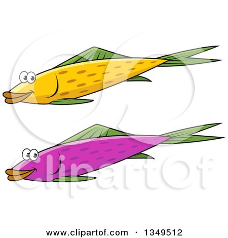 Clipart of Cartoon Happy Yellow and Purple Fish with Green Fins - Royalty Free Vector Illustration by Vector Tradition SM