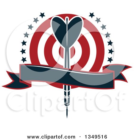 Clipart of a Navy Blue Throwing Dart over a Target with Stars and a Blank Ribbon Banner - Royalty Free Vector Illustration by Vector Tradition SM