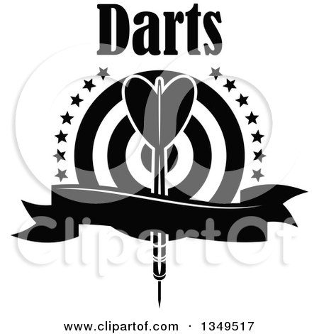 Clipart of a Black and White Throwing Dart over a Target with Stars, Text and a Blank Ribbon Banner - Royalty Free Vector Illustration by Vector Tradition SM