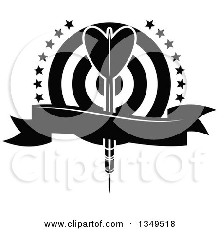 Clipart of a Black and White Throwing Dart over a Target with Stars and a Blank Ribbon Banner - Royalty Free Vector Illustration by Vector Tradition SM