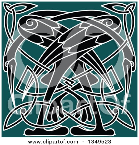 Clipart of a Black and White Celtic Knot Crane or Heron Design on Teal - Royalty Free Vector Illustration by Vector Tradition SM