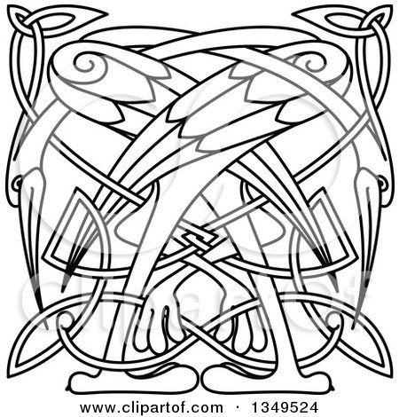 Clipart of Black and White Lineart Celtic Knot Cranes or Herons 4 - Royalty Free Vector Illustration by Vector Tradition SM