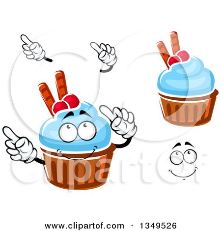 Clipart of a Cartoon Face, Hands and Cupcakes with Blue Frosting, Cranberries and Waffle Tubes - Royalty Free Vector Illustration by Vector Tradition SM