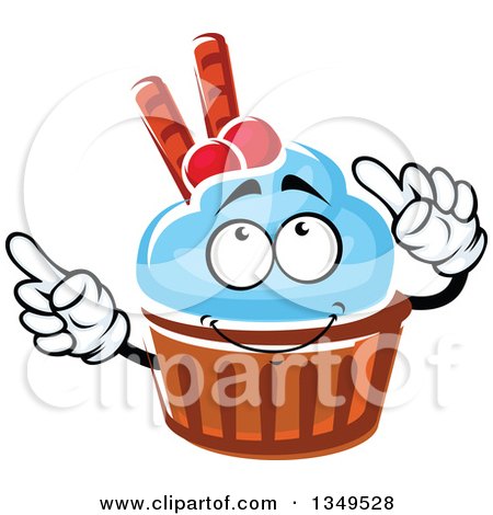 Clipart of a Cartoon Cupcake Character with Blue Frosting, Cranberries and Waffle Tubes - Royalty Free Vector Illustration by Vector Tradition SM