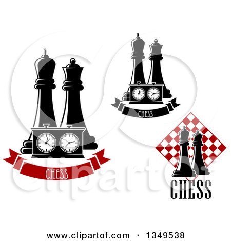 Clipart of Black and White Chess King and Queen Pieces with a Board and Banners - Royalty Free Vector Illustration by Vector Tradition SM