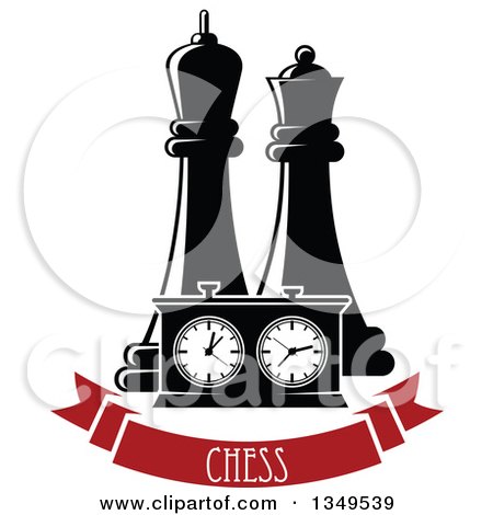 Clipart of Black and White Chess King and Queen Pieces and a Game Clock over a Red Chess Banner - Royalty Free Vector Illustration by Vector Tradition SM