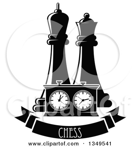 Clipart of Black and White Chess King and Queen Pieces and a Game Clock over a Text Banner - Royalty Free Vector Illustration by Vector Tradition SM