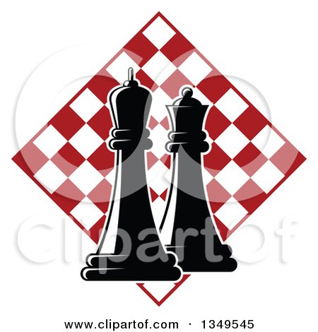 Clipart of Black and White Chess King and Queen Pieces over a Red and White Checker Board Diamond - Royalty Free Vector Illustration by Vector Tradition SM