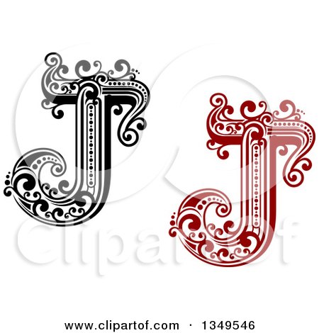 Clipart of a Retro Black and White and Red Capital Letter J with Flourishes - Royalty Free Vector Illustration by Vector Tradition SM