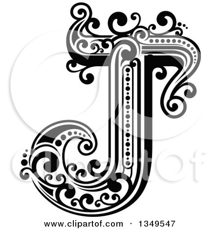 Clipart Of A Retro Black And White Capital Letter J With Flourishes