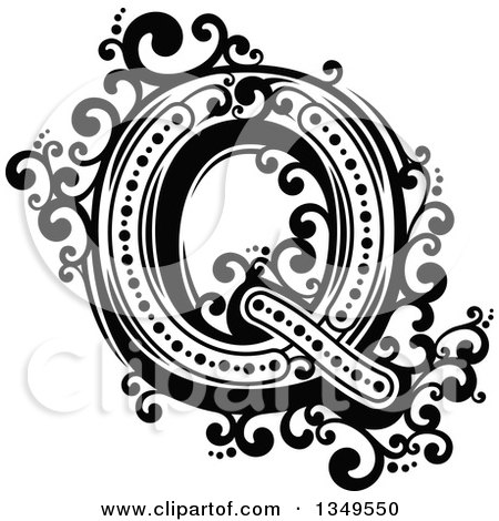 Clipart of a Retro Black and White Capital Letter Q with Flourishes - Royalty Free Vector Illustration by Vector Tradition SM