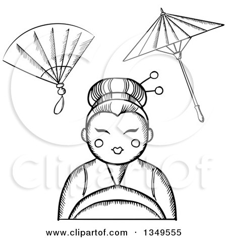 Clipart of a Black and White Sketched Geisha with a Hand Fan and Parasol - Royalty Free Vector Illustration by Vector Tradition SM