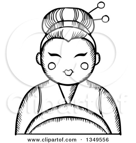 Clipart of a Black and White Sketched Geisha - Royalty Free Vector Illustration by Vector Tradition SM