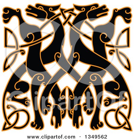 Clipart of a Black Celtic Wild Dog Knot Outlined in Orange 2 - Royalty Free Vector Illustration by Vector Tradition SM