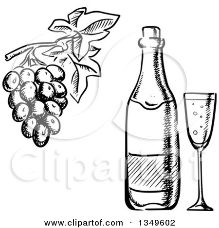 Clipart of a Black and White Sketched Wine Bottle, Glass and Grapes - Royalty Free Vector Illustration by Vector Tradition SM