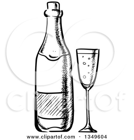 Clipart of a Black and White Sketched Wine Bottle and Glass - Royalty Free Vector Illustration by Vector Tradition SM