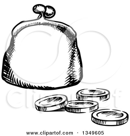 Clipart of a Black and White Sketched Coin Purse and Change - Royalty Free Vector Illustration by Vector Tradition SM