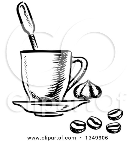Clipart of a Black and White Sketched Coffee Cup on a Saucer, Beans and Dollop of Cream - Royalty Free Vector Illustration by Vector Tradition SM