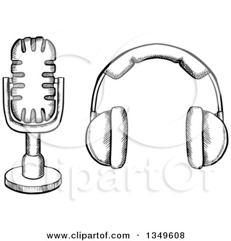 Clipart of a Black and White Sketched Microphone and Headphones - Royalty Free Vector Illustration by Vector Tradition SM