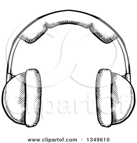 Clipart of a Black and White Sketched Headphones - Royalty Free Vector Illustration by Vector Tradition SM