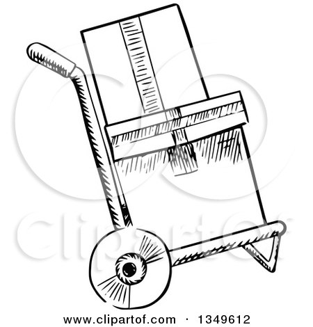 Clipart of a Black and White Sketched Dolly Hand Truck with Boxes - Royalty Free Vector Illustration by Vector Tradition SM