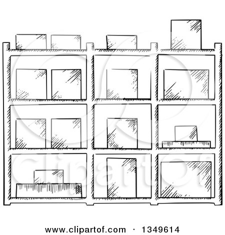 Clipart of a Black and White Sketched Warehouse Rack with Boxes - Royalty Free Vector Illustration by Vector Tradition SM