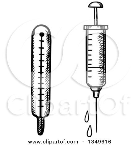 Clipart of a Black and White Sketched Thermometer and Vaccine Syringe - Royalty Free Vector Illustration by Vector Tradition SM