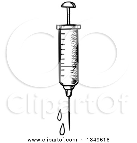Clipart of a Black and White Sketched Vaccine Syringe - Royalty Free Vector Illustration by Vector Tradition SM