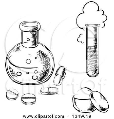 Clipart of a Black and White Sketched Science Laboratory Flask with Pills, a Test Tube and Container of Perfume or Powder - Royalty Free Vector Illustration by Vector Tradition SM