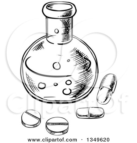 Clipart of a Black and White Sketched Science Laboratory Flask with Pills - Royalty Free Vector Illustration by Vector Tradition SM