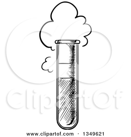 Clipart of a Black and White Sketched Test Tube with a Cloud - Royalty Free Vector Illustration by Vector Tradition SM