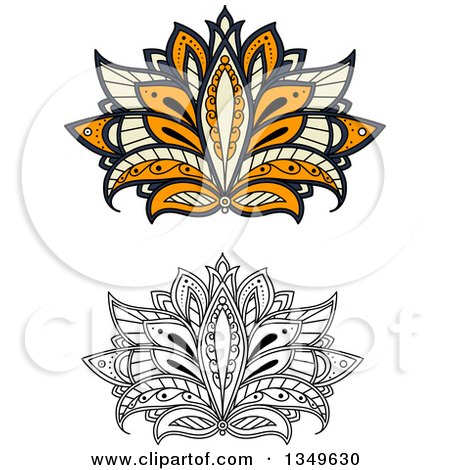 Clipart of Beautiful Ornate Orange, Pastel Yellow and Blue and Black and White Henna Lotus Flowers - Royalty Free Vector Illustration by Vector Tradition SM