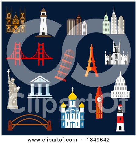 Clipart of Flat Design World Landmarks with the Statue of Liberty, Eiffel and Pisa Towers, Big Ben, Ancient Temples, Orthodox Church, USA Capitol, Abstract Skyscrapers, Lighthouses and Bridges - Royalty Free Vector Illustration by Vector Tradition SM