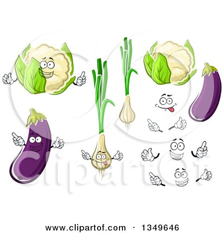 Clipart of Cartoon Faces, Hands, Cauliflower, Eggplants and Green Onions - Royalty Free Vector Illustration by Vector Tradition SM