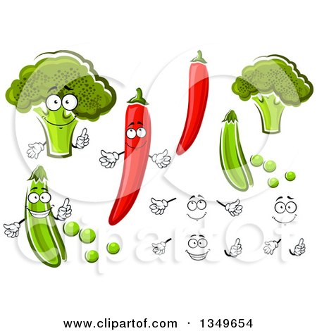 Clipart of Cartoon Faces, Hands, Broccoli, Peppers and Peas - Royalty Free Vector Illustration by Vector Tradition SM