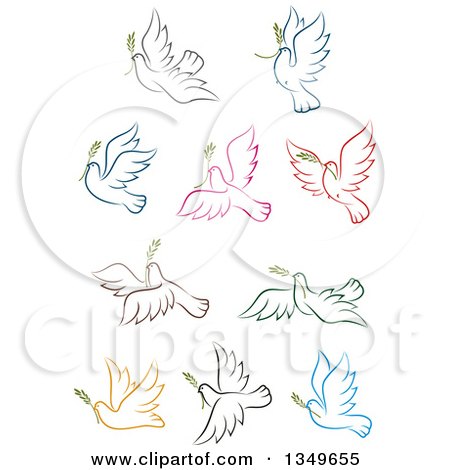 Clipart of Sketched Colorful Flying Peace Doves with Branches - Royalty Free Vector Illustration by Vector Tradition SM